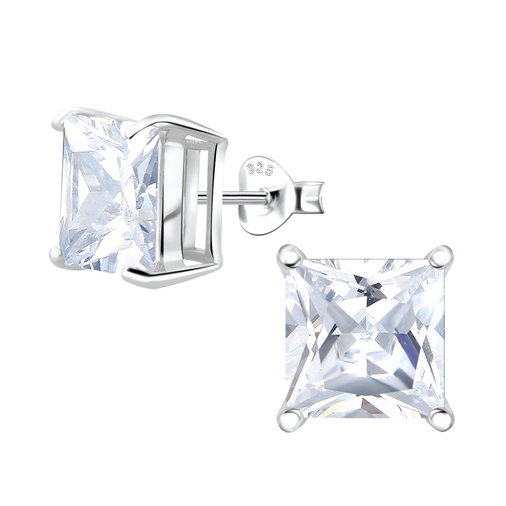 [10033899] 10mm Square Cubic Zirconia Silver Stud Earrings
