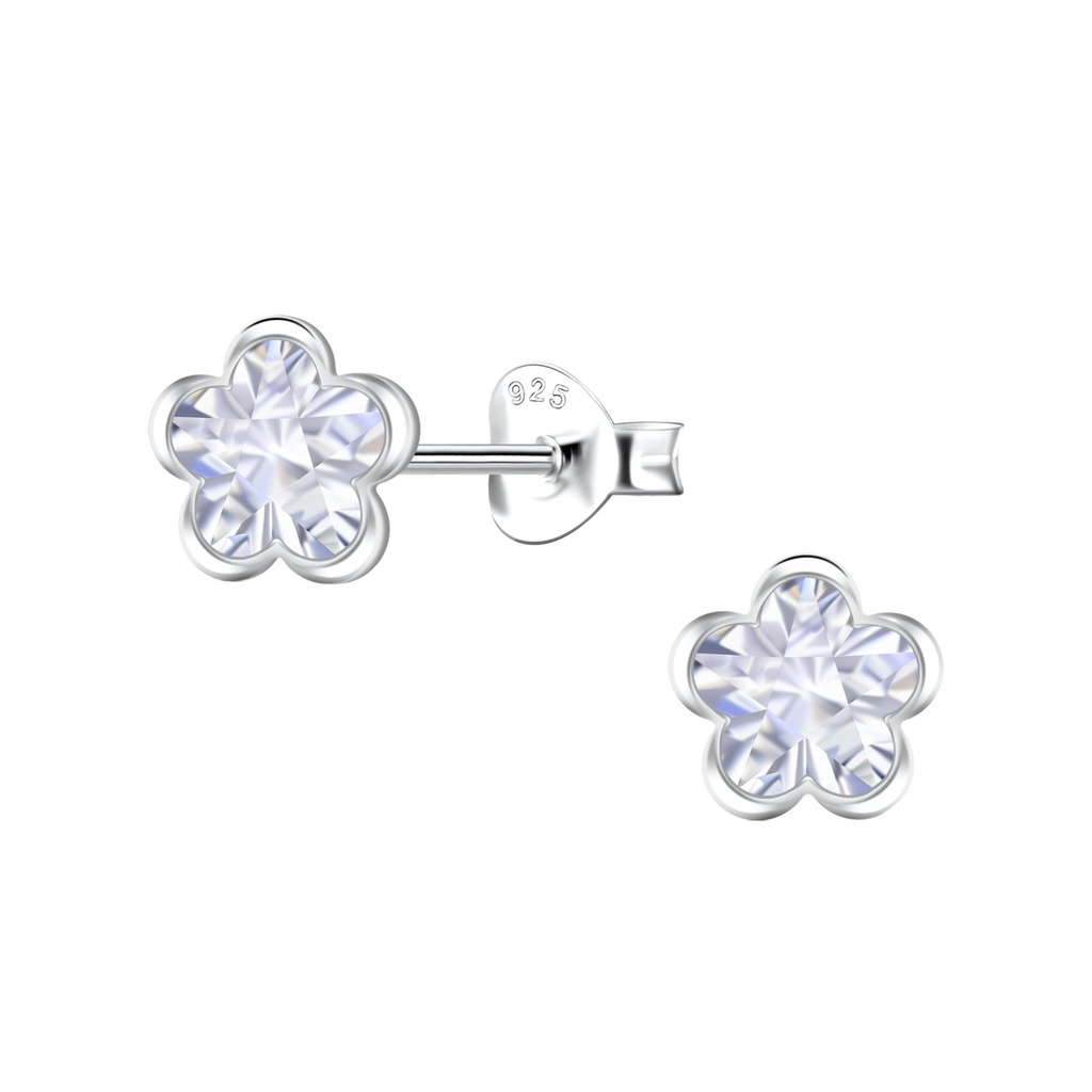 [10034270] Puces d'oreilles en argent zircon fleur 6 mm (White)