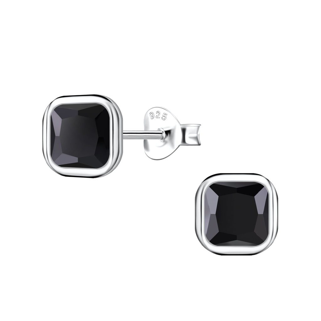 [10034279] 6mm Cushion Cubic Zirconia Silver Stud Earrings (Black)