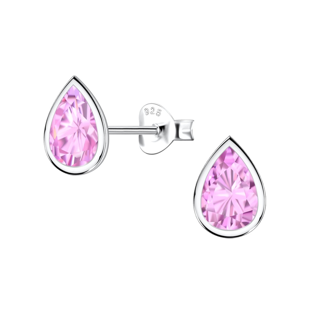 [10034281] 6x8mm Pear Cubic Zirconia Silver Stud Earrings (Pink)