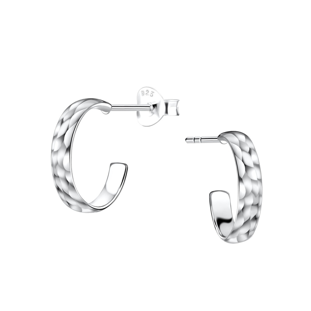 Silver Hammered Half Hoop Stud Earrings