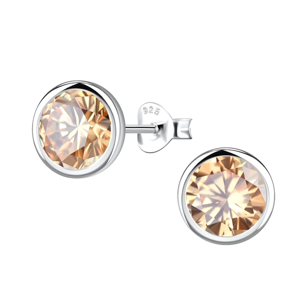[10034286] 8mm Round Cubic Zirconia Silver Stud Earrings (Champagne)
