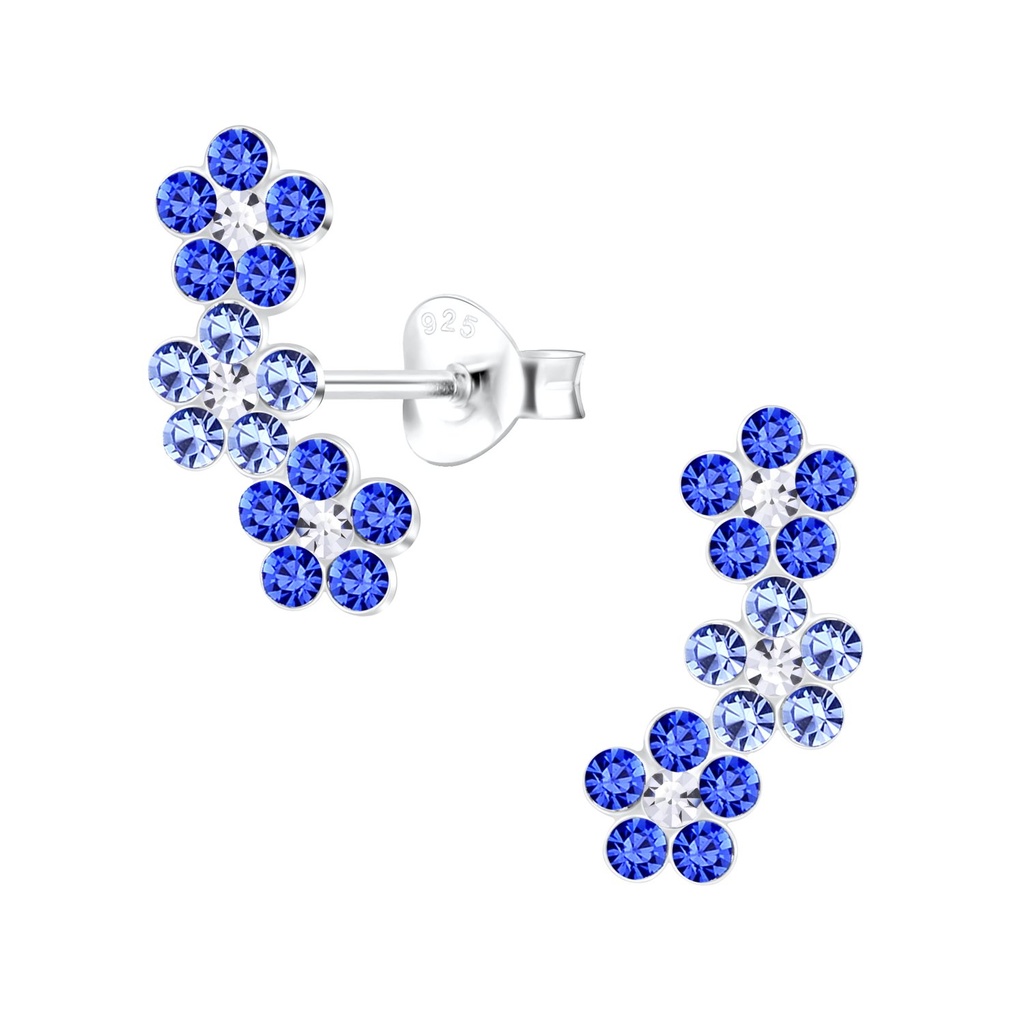 Silver Triple Crystal Flower Stud Earrings