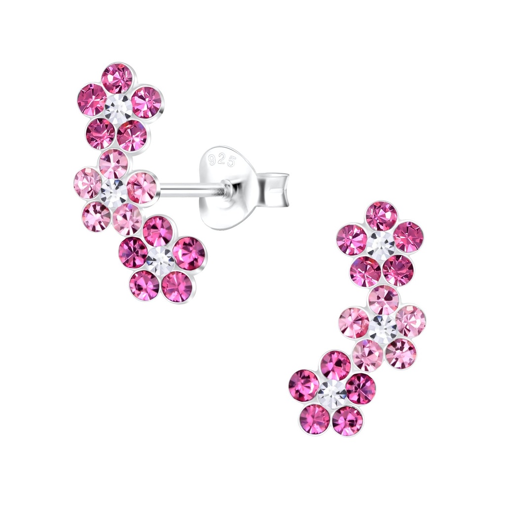 [10032888] Silver Triple Crystal Flower Stud Earrings