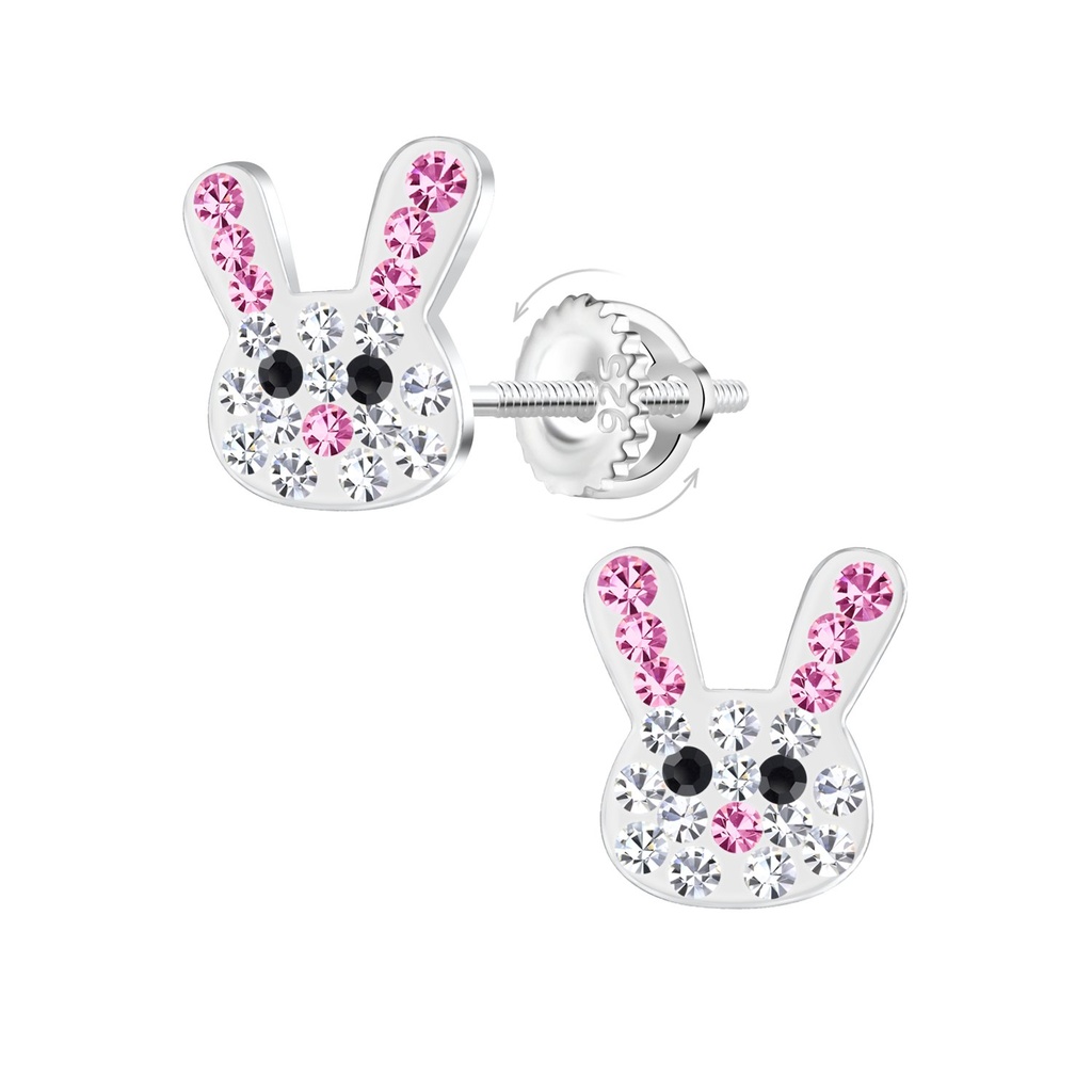 Silver Crystal Rabbit Screw Back Earrings