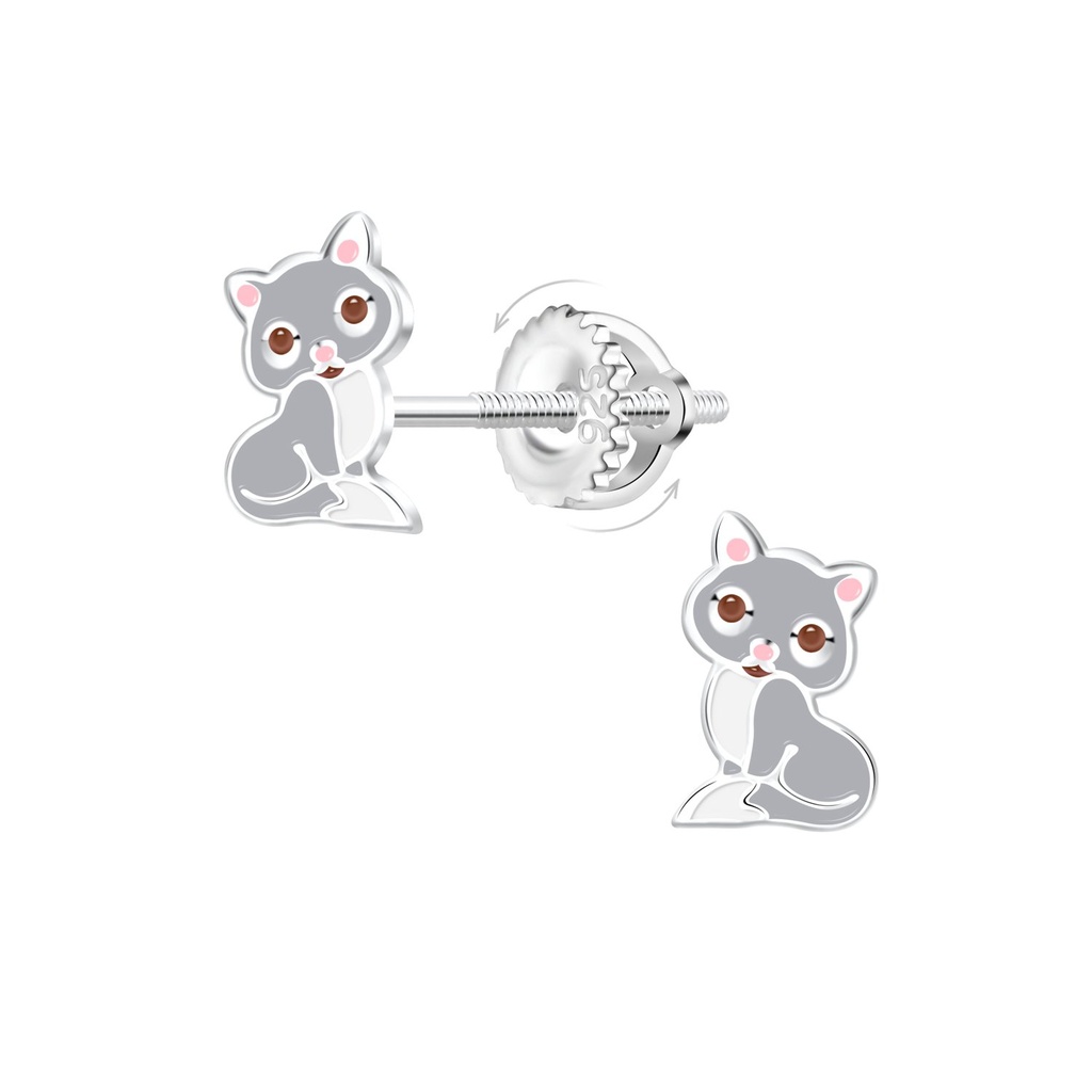 [10032742] Boucles d'oreilles à fermoir à vis chat en argent
