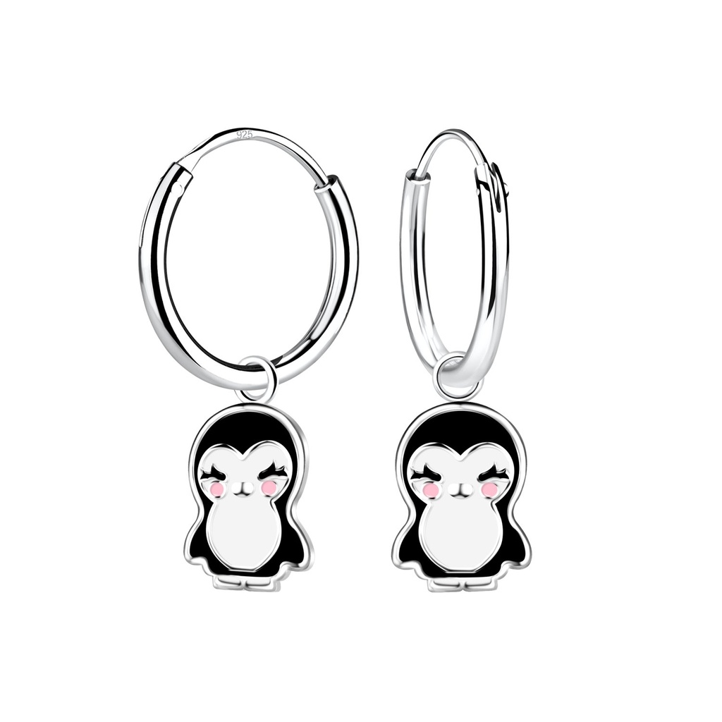 [10034690] Silver Penguin Charm Hoop Earrings