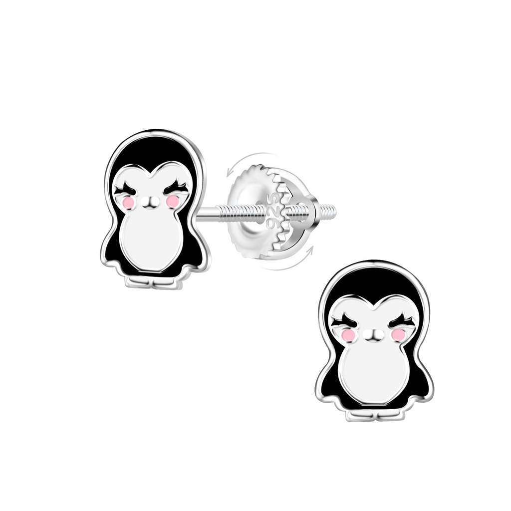 [10036024] Silver Penguin Screw Back Earrings