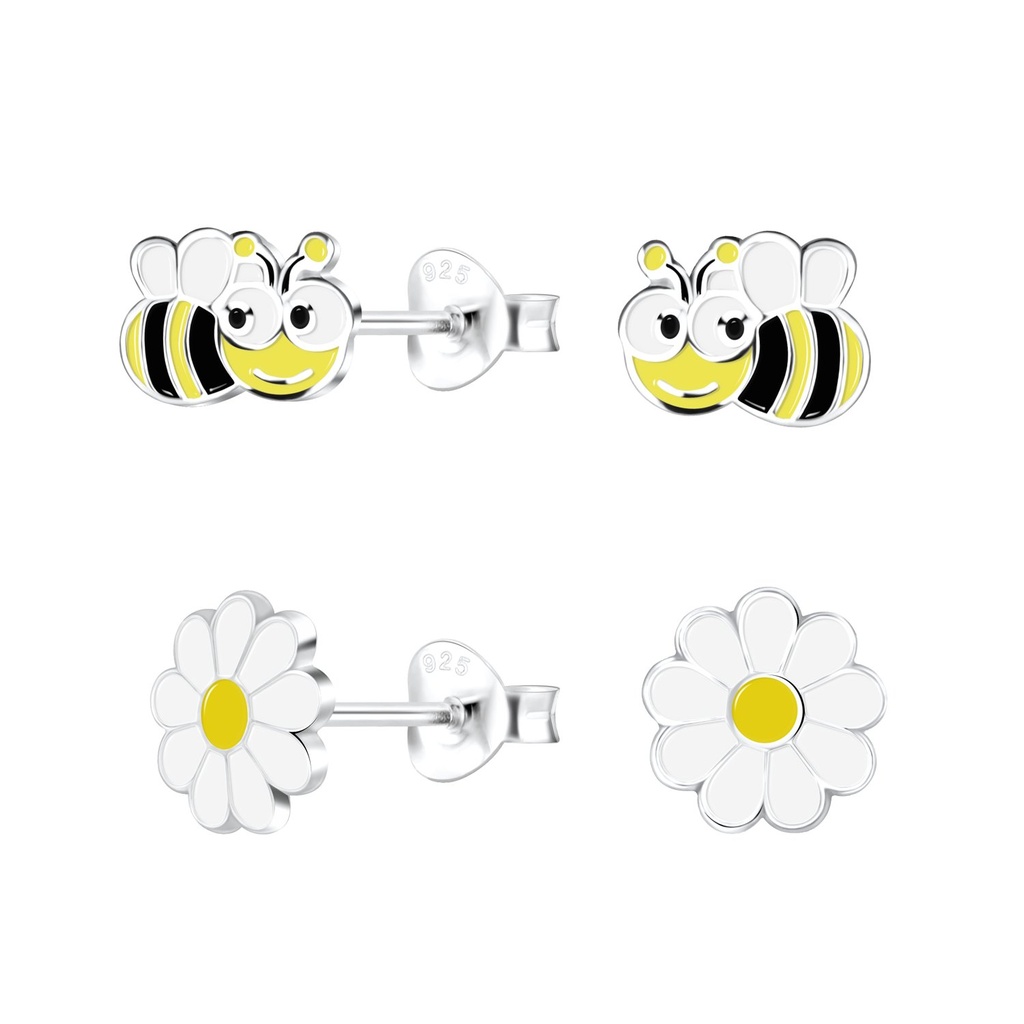 Silver Bee and Flower Stud Earrings Set