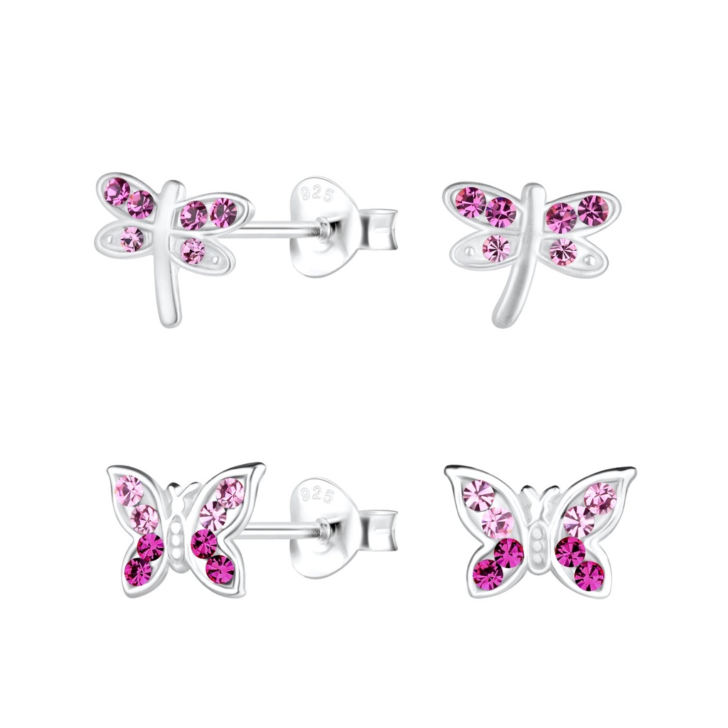 [10033975] Lot de puces d'oreilles libellule et papillon en argent