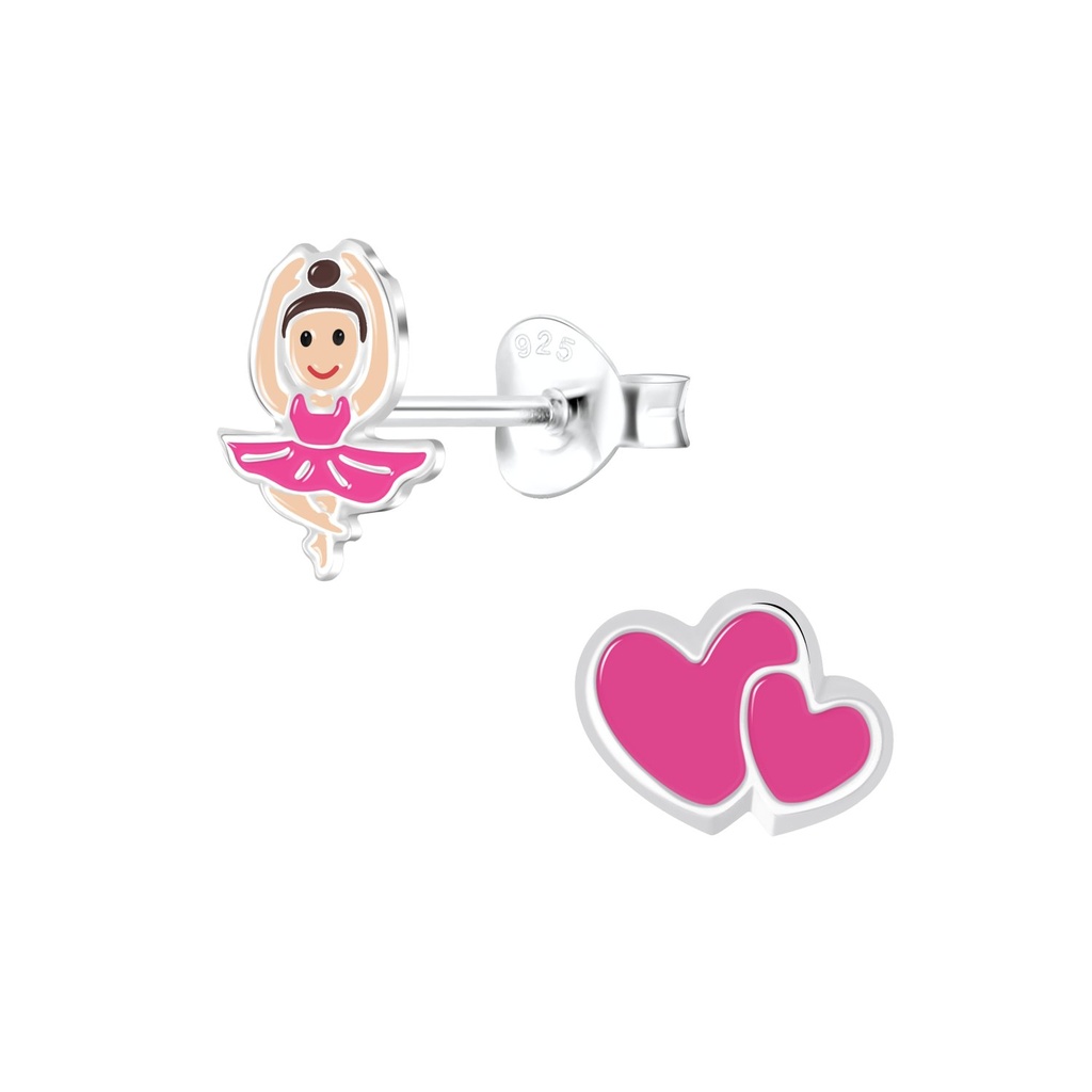 Puces d'oreilles cœur double et ballerine en argent