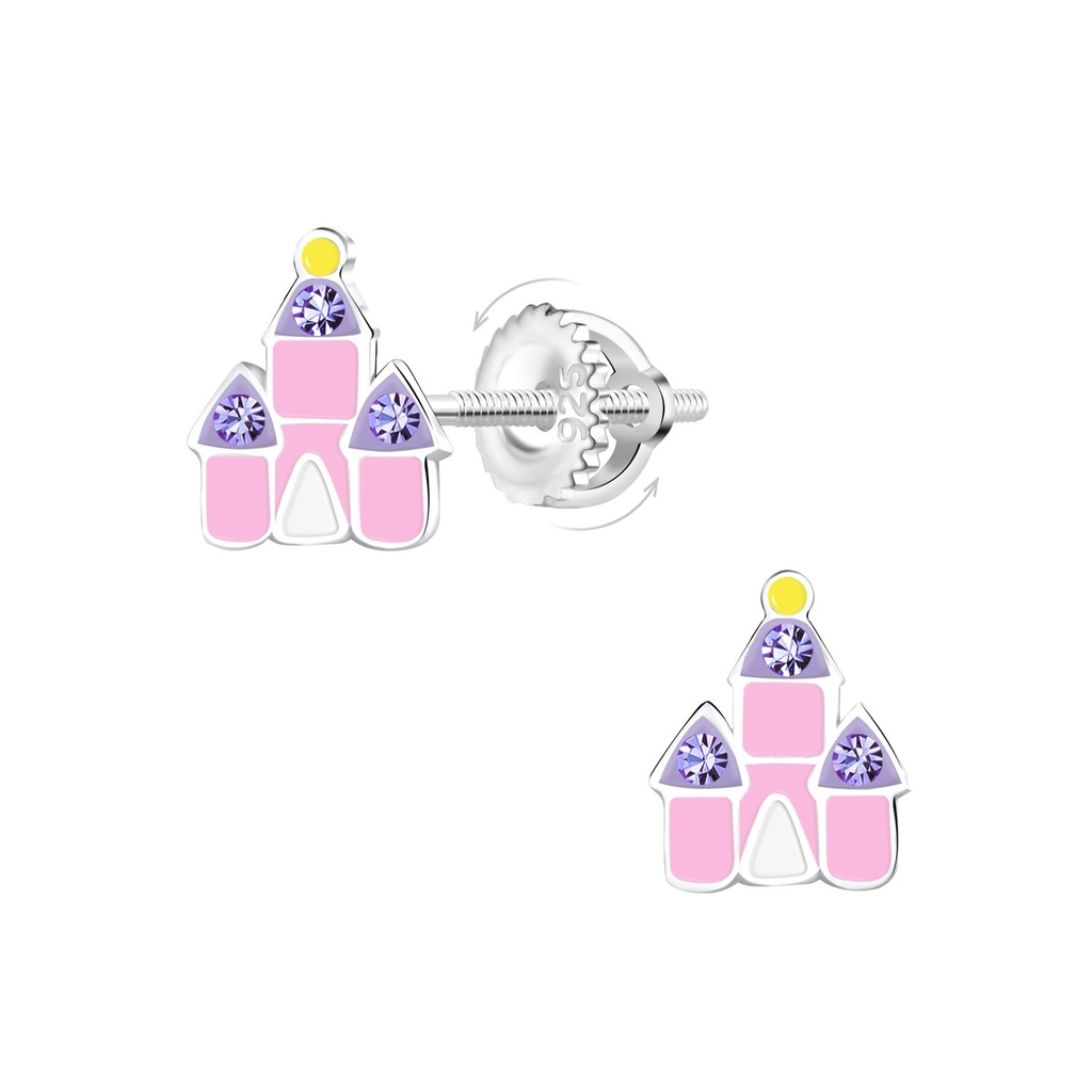[10033842] Silver Castle Screw Back Earrings