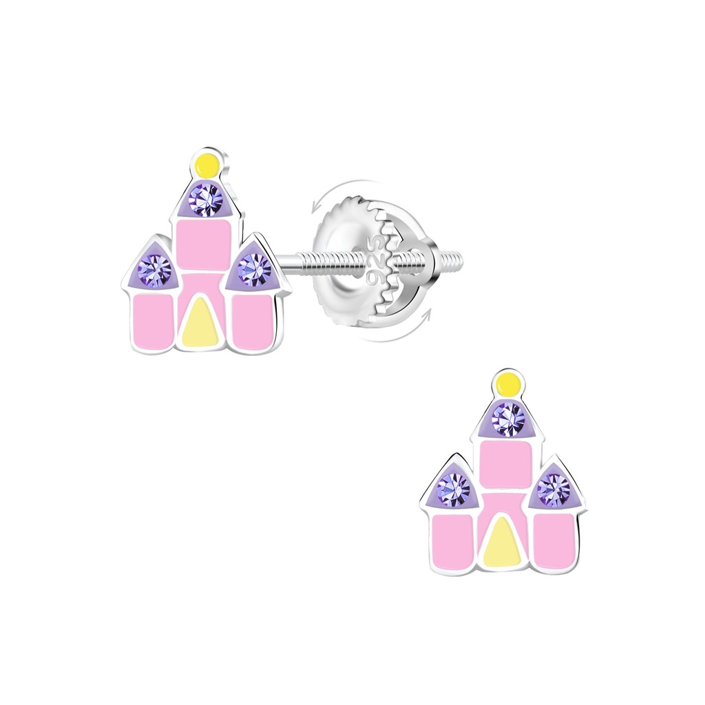 [10036017] Silver Castle Screw Back Earrings