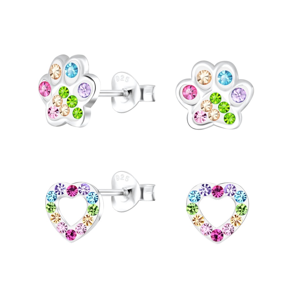 [10033972] Silver Paw Print and Heart Stud Earrings Set