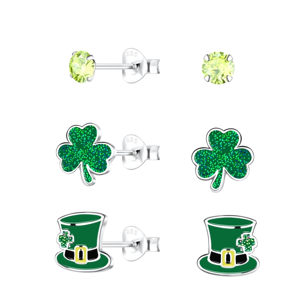 [10034001] Silver Saint Patrick's Day Stud Earrings Set