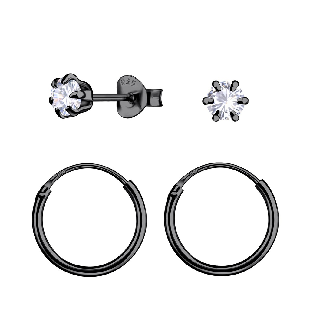 4mm Round Cubic Zirconia Silver Stud and Hoop Earrings Set