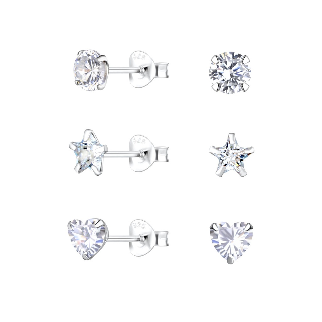 5mm Mixed Cubic Zirconia Silver Stud Earrings Set