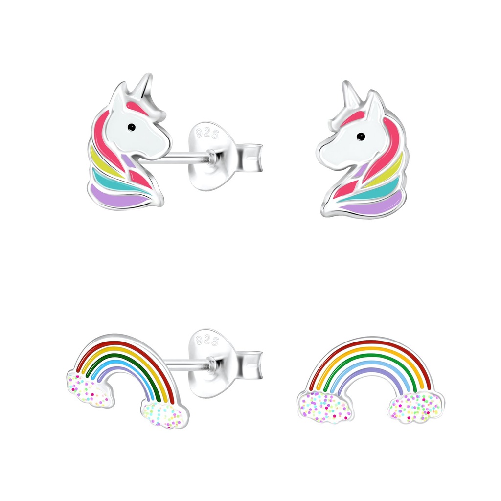 Silver Unicorn and Rainbow Stud Earrings Set