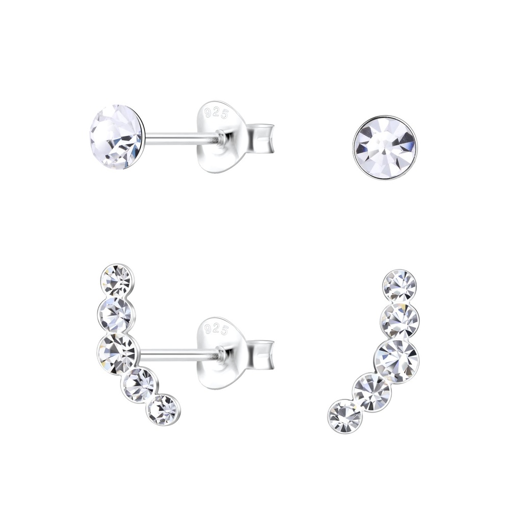 [10034011] Silver Curved Crystal Stud Earrings Set