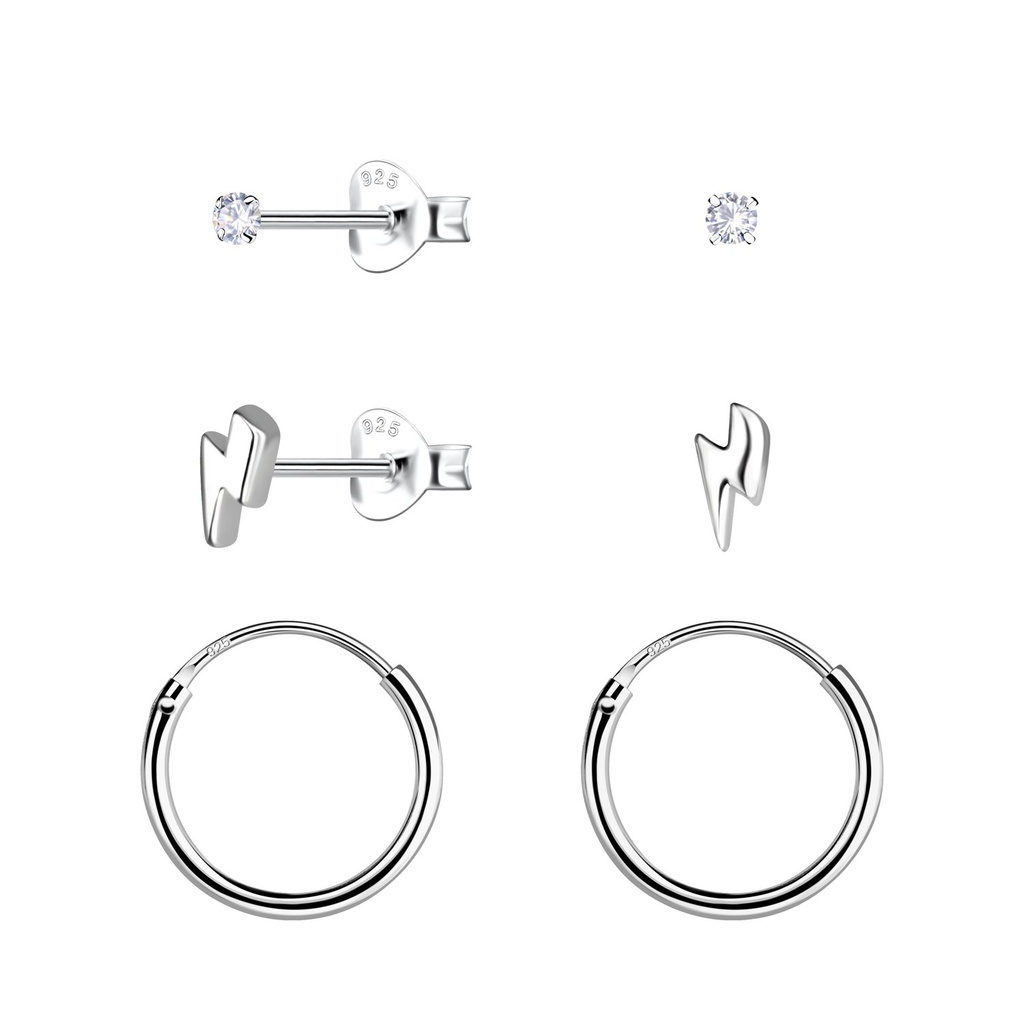 Parure puces d'oreilles éclair et créoles en argent