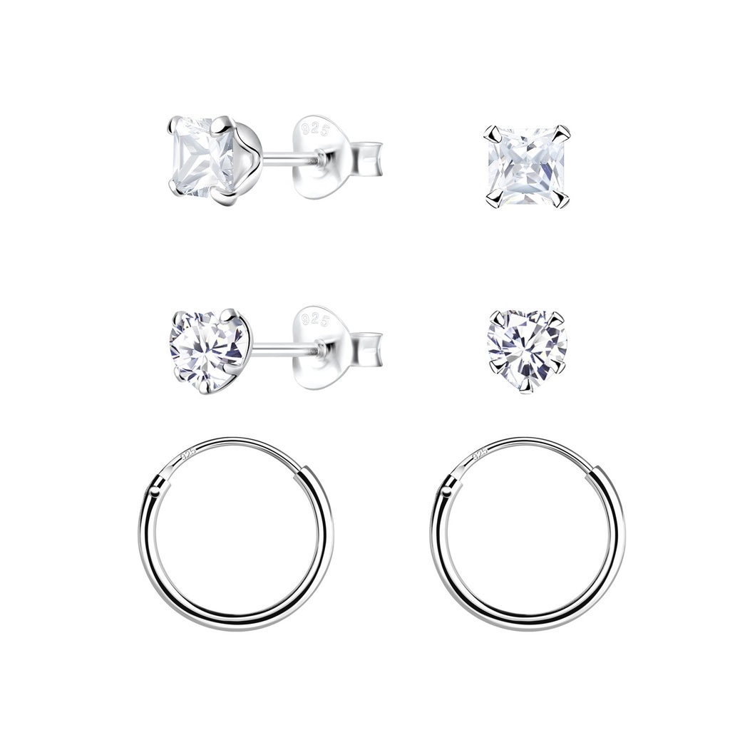[10034054] Parure puces d'oreilles cœur et créoles en argent 4 mm
