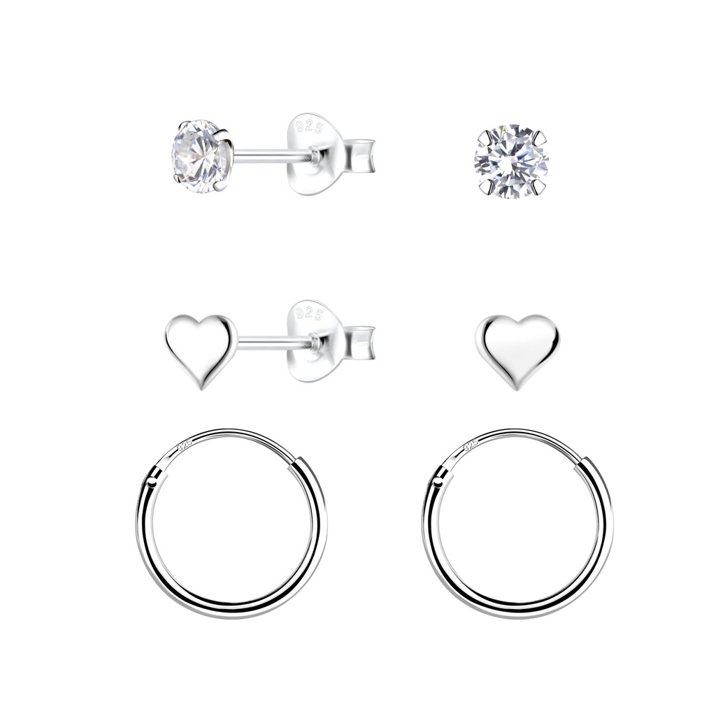 [10034056] Silver Heart Stud and Hoop Earrings Set