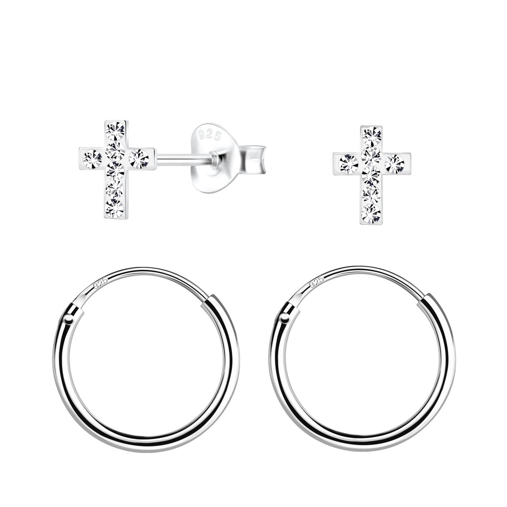 Parure puces d'oreilles croix et créoles en argent