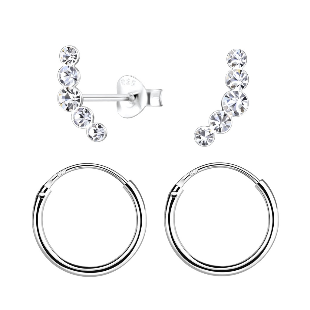 Silver Geometric Stud and Hoop Earrings Set