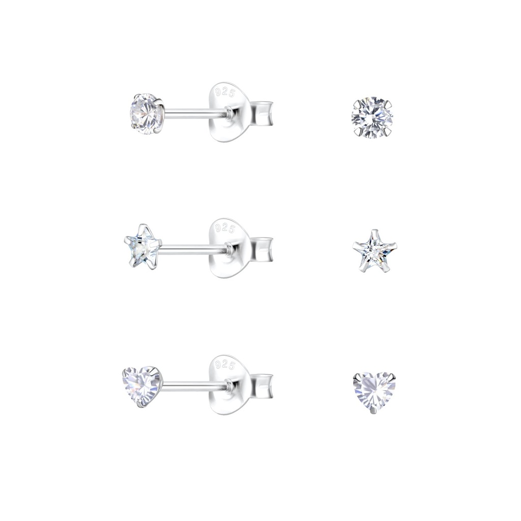 3mm Basic Cubic Zirconia Silver Stud Earrings Set