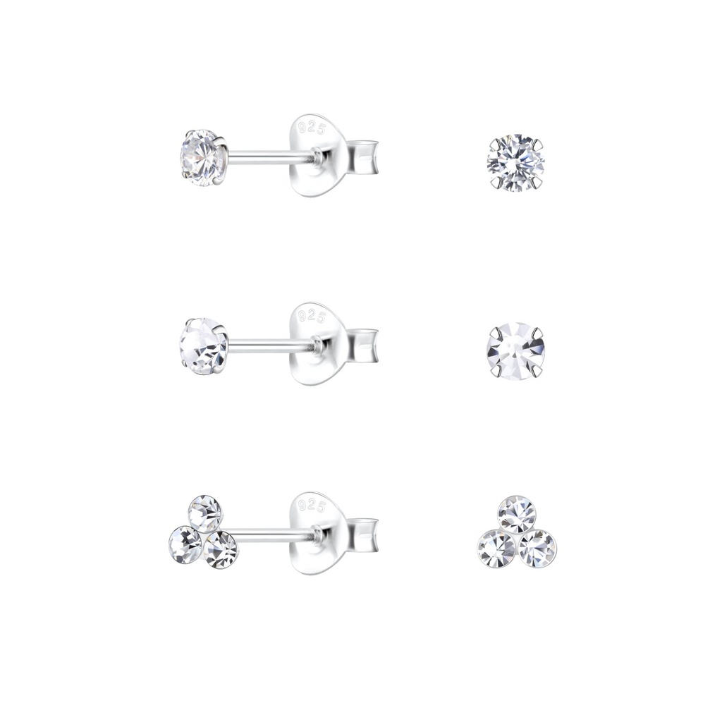 [10034021] Silver Mixed Round Stud Earrings Set