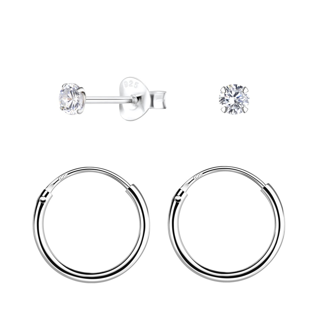 [10034042] 3mm Round Cubic Zirconia Silver Stud and Hoop Earrings Set