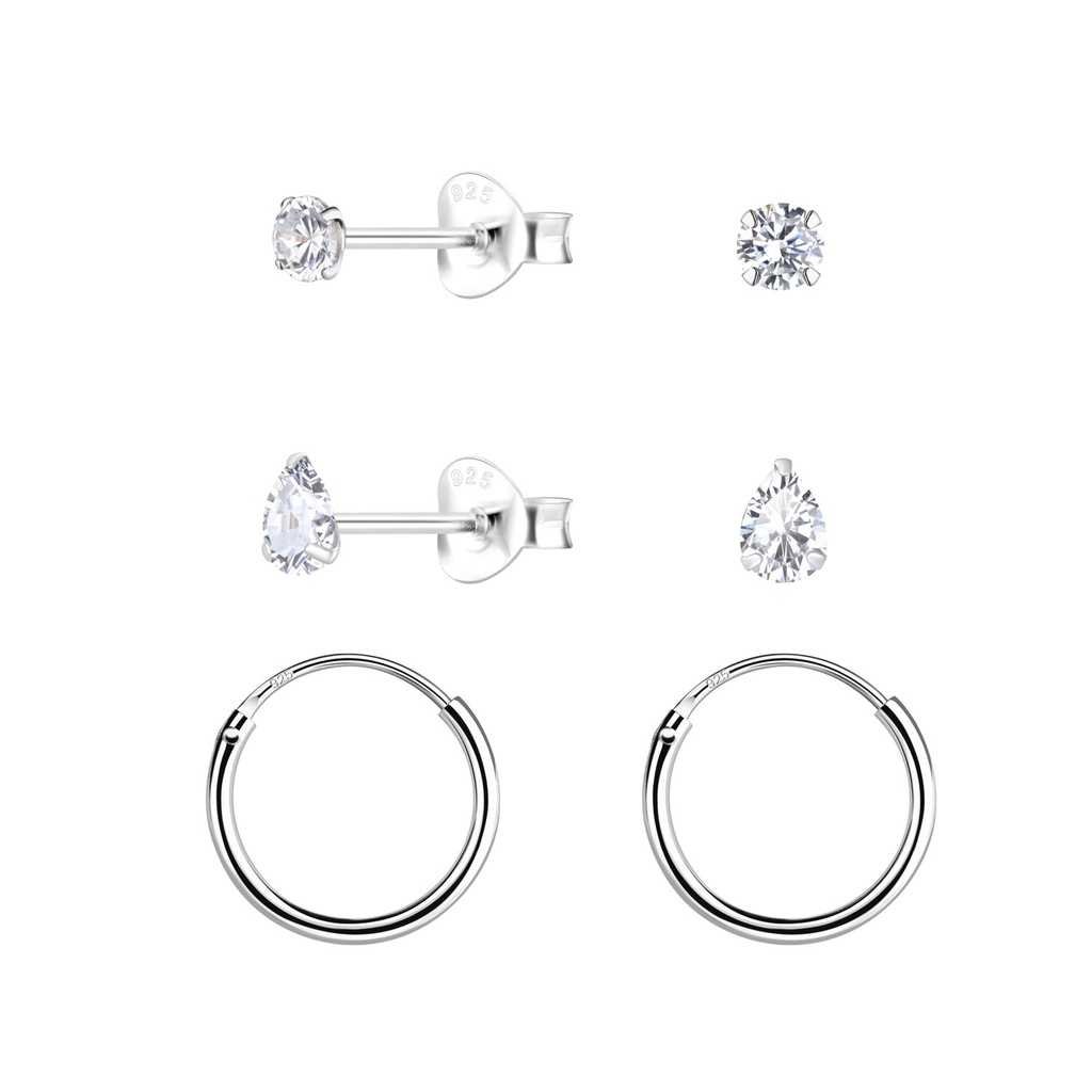 [10034048] Silver Cubic Zirconia Stud and Hoop Earrings Set