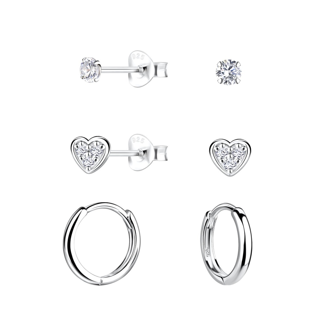 Silver Heart Stud and Huggie Earrings Set