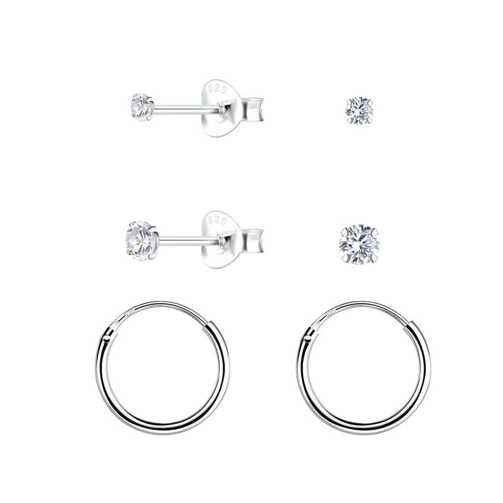 [10034051] Parure puces zircon rond et créoles en argent