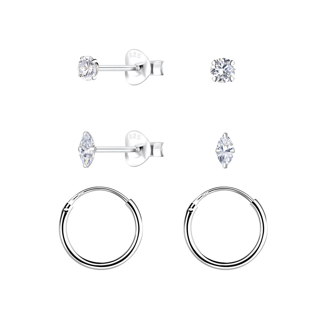 [10034058] Parure puces basiques zircon et créoles en argent