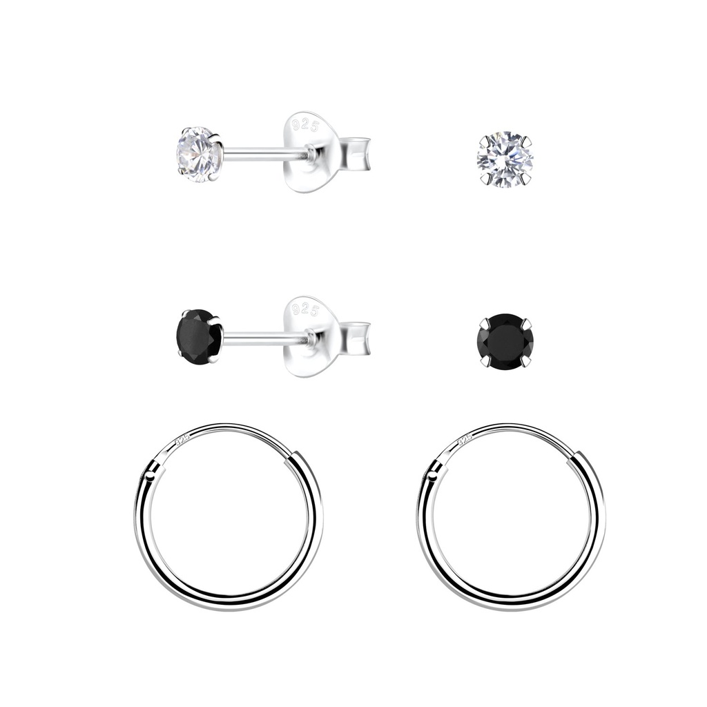 [10034062] Parure puces d'oreilles zircon rond et créoles en argent 3 mm