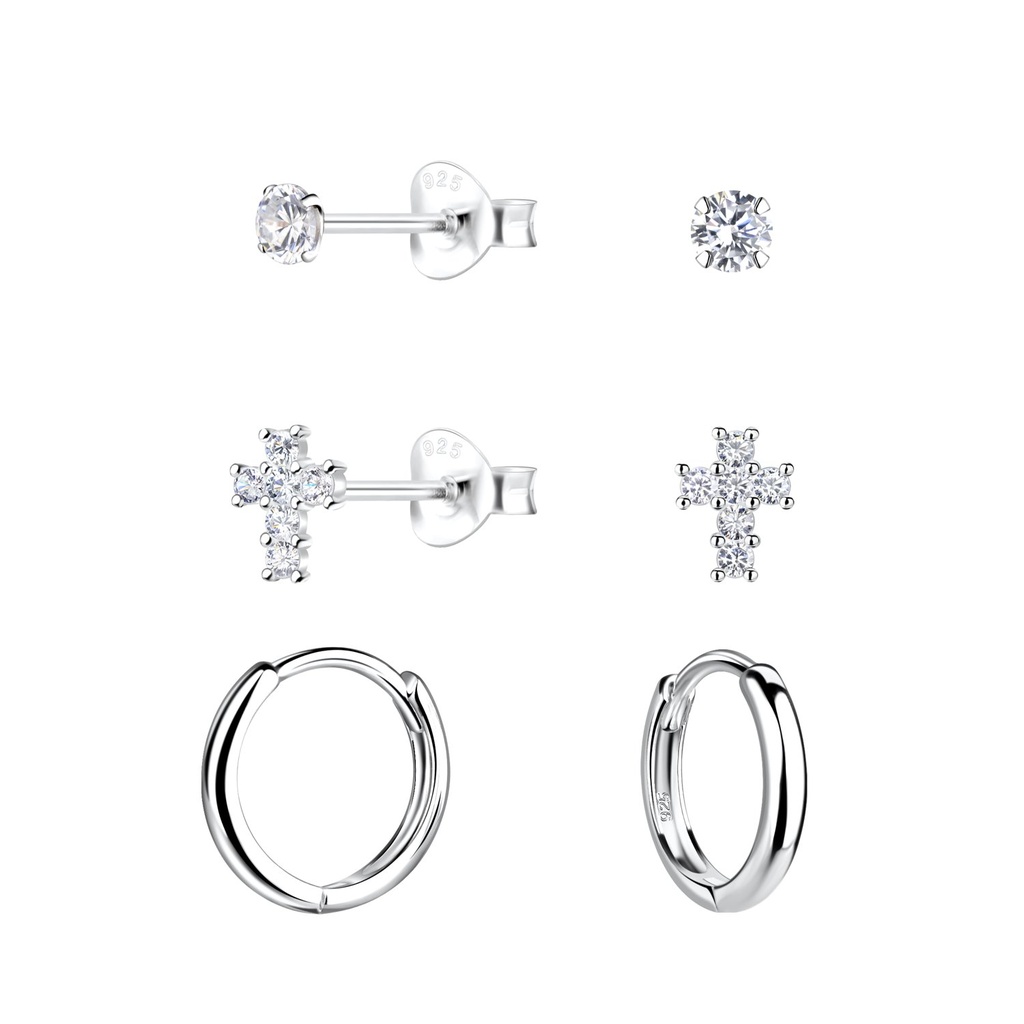 [10034063] Parure puces d'oreilles croix et créoles huggie en argent