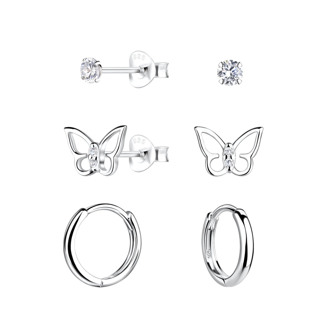 Silver Butterfly Stud and Huggie Earrings Set