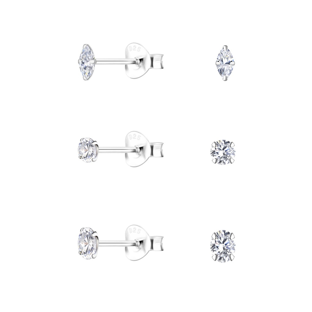 [10034074] Silver Mixed Cubic Zirconia Stud Earrings Set
