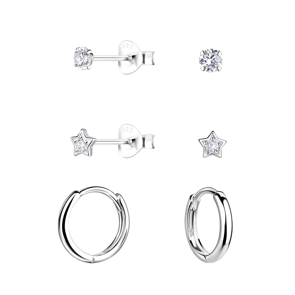 [10034581] Parure puces d'oreilles étoile et créoles huggie en argent