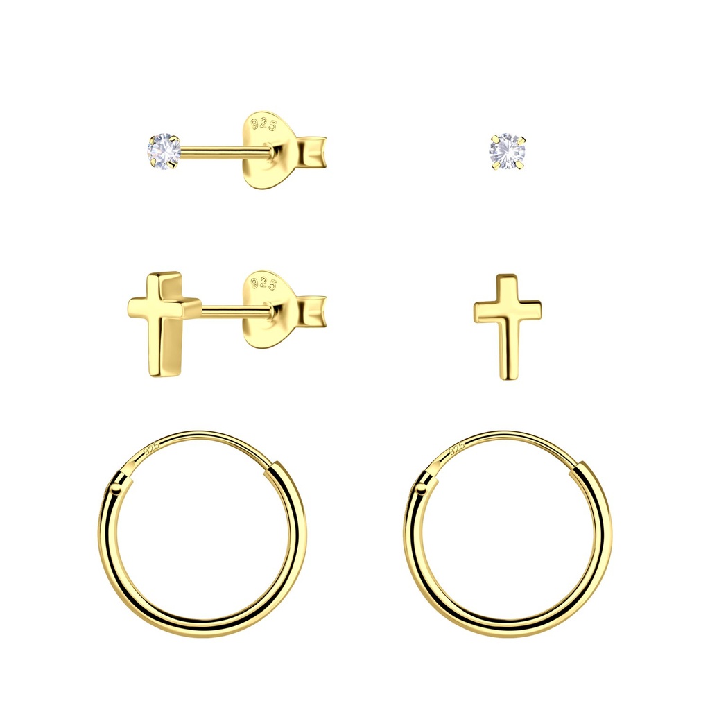 [10034549] Parure puces d'oreilles croix et créoles en argent