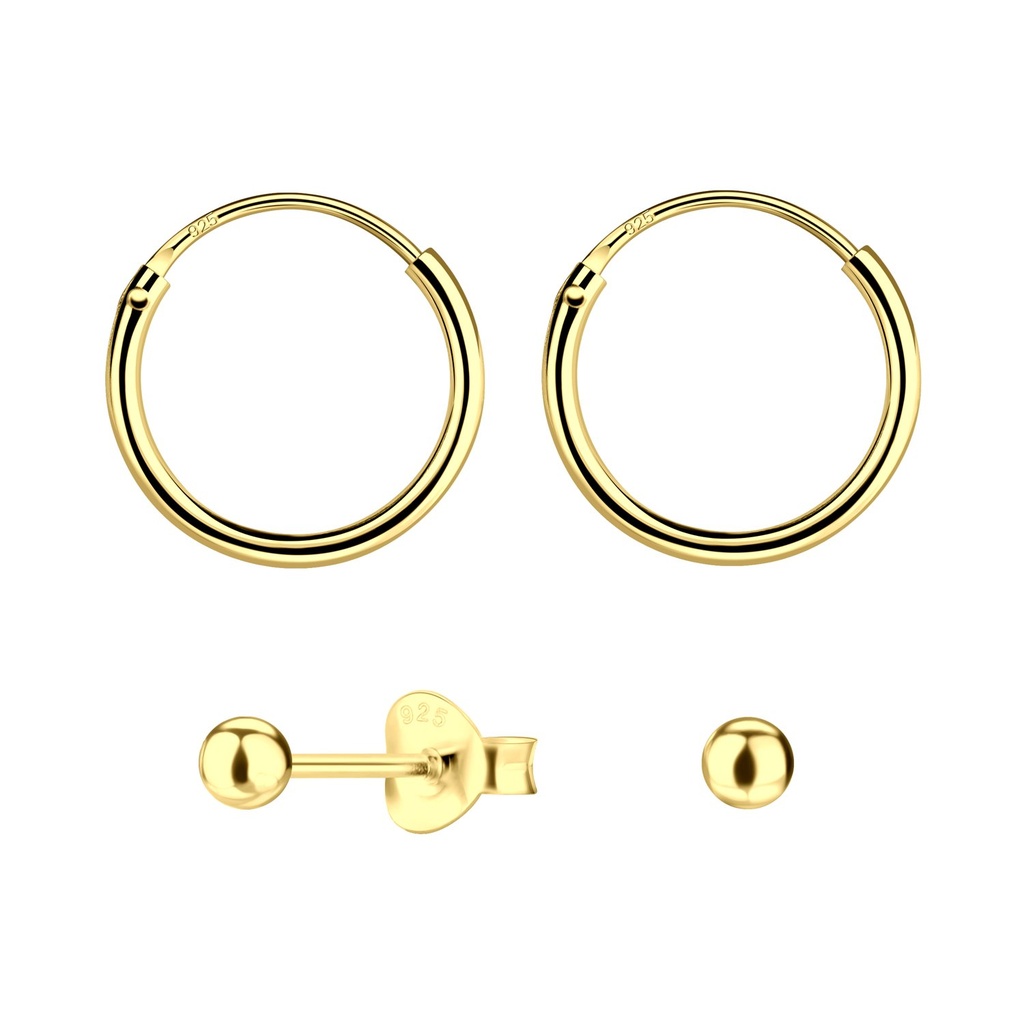 [10034068] Parure puces d'oreilles boule et créoles en argent 3 mm