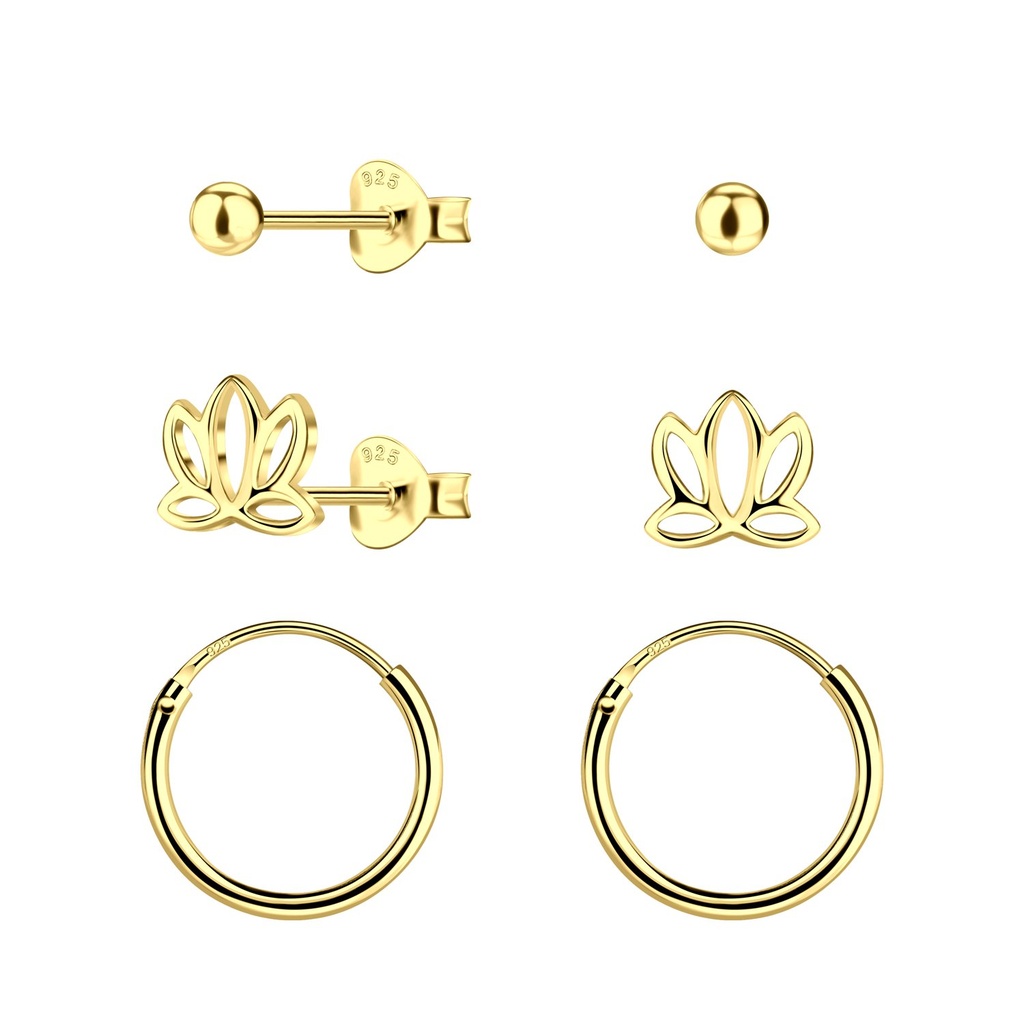 [10034543] Silver Flower Stud and Hoop Earrings Set