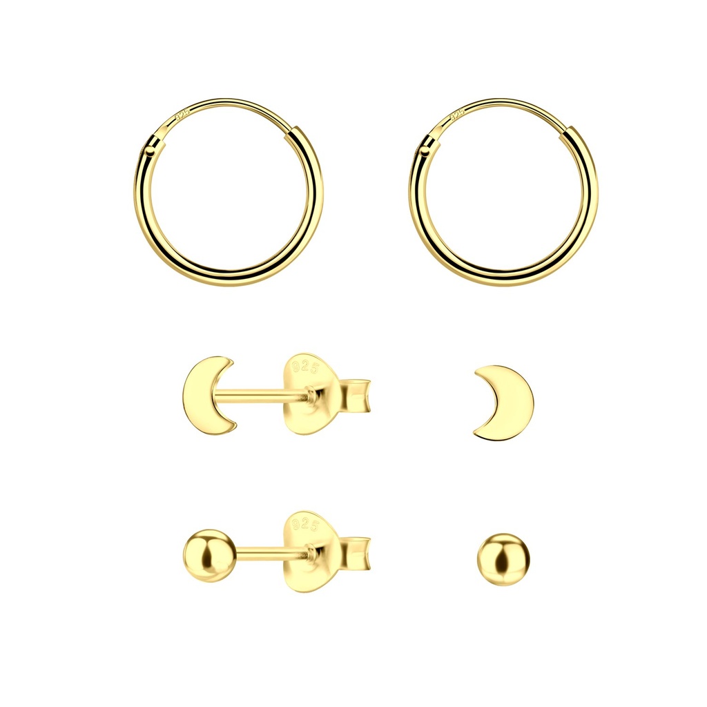 [10034072] Parure puces d'oreilles lune et créoles en argent