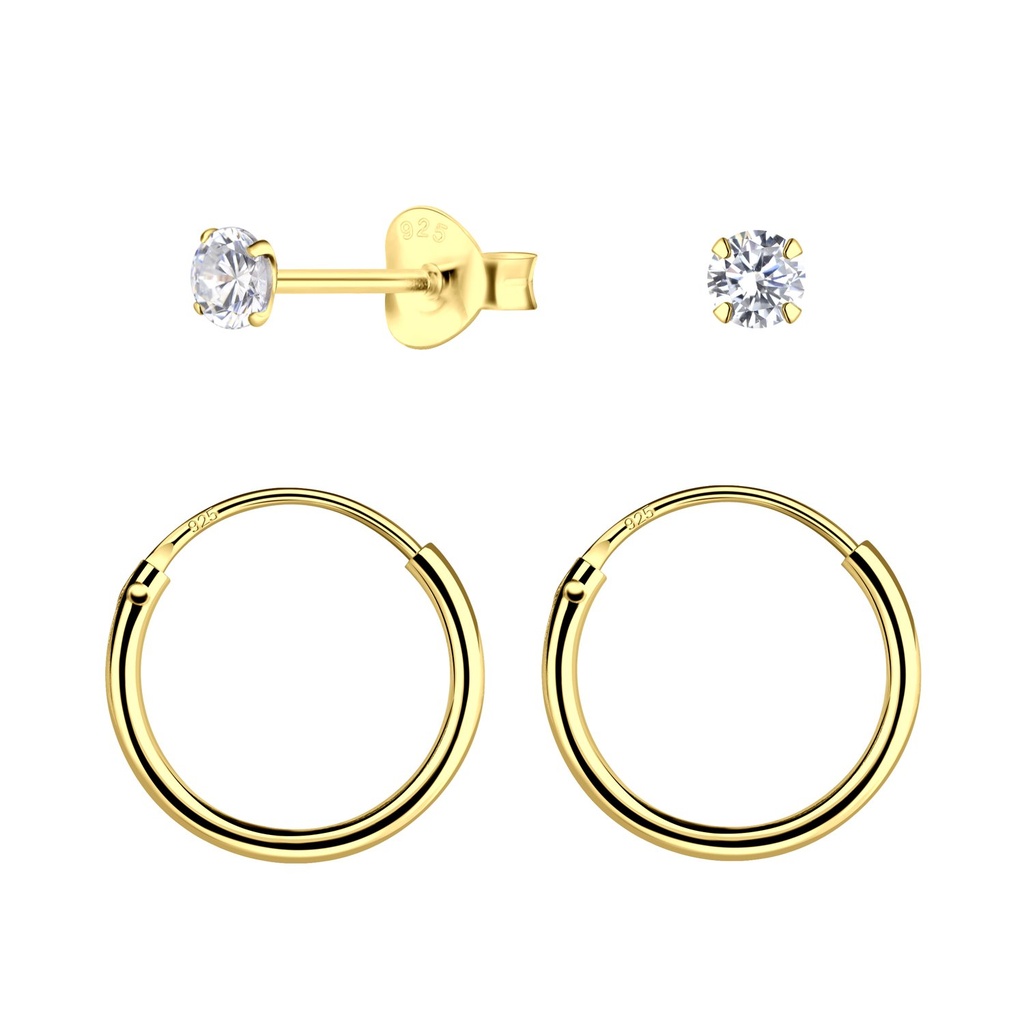 [10034067] 3mm Round Cubic Zirconia Silver Stud and Hoop Earrings Set