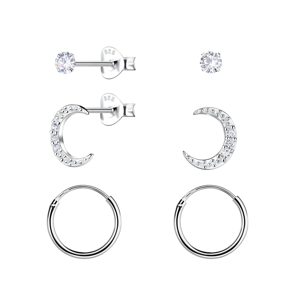 [10034529] Silver Moon Stud and Hoop Earrings Set
