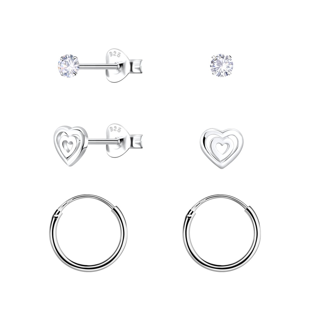 [10034531] Parure puces d'oreilles cœur et créoles en argent