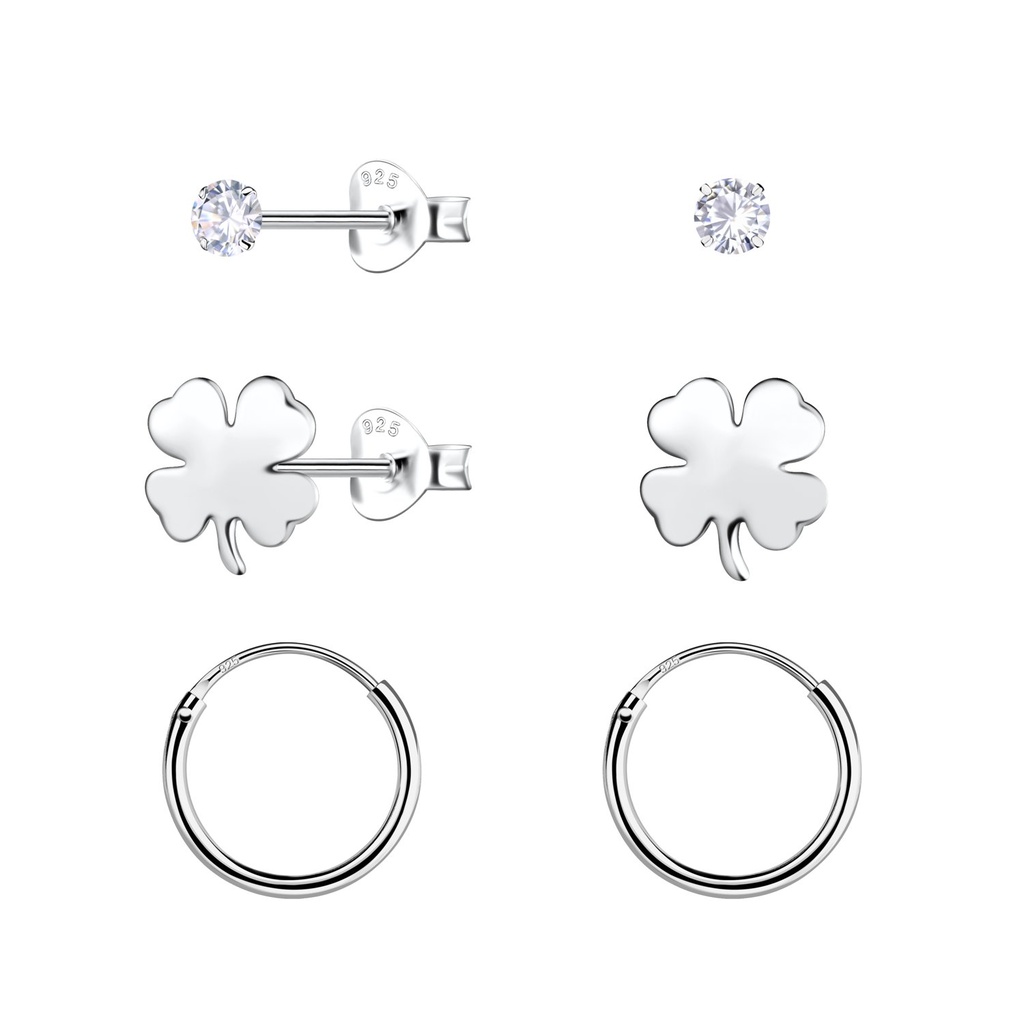 [10034525] Silver Clover Stud and Hoop Earrings Set
