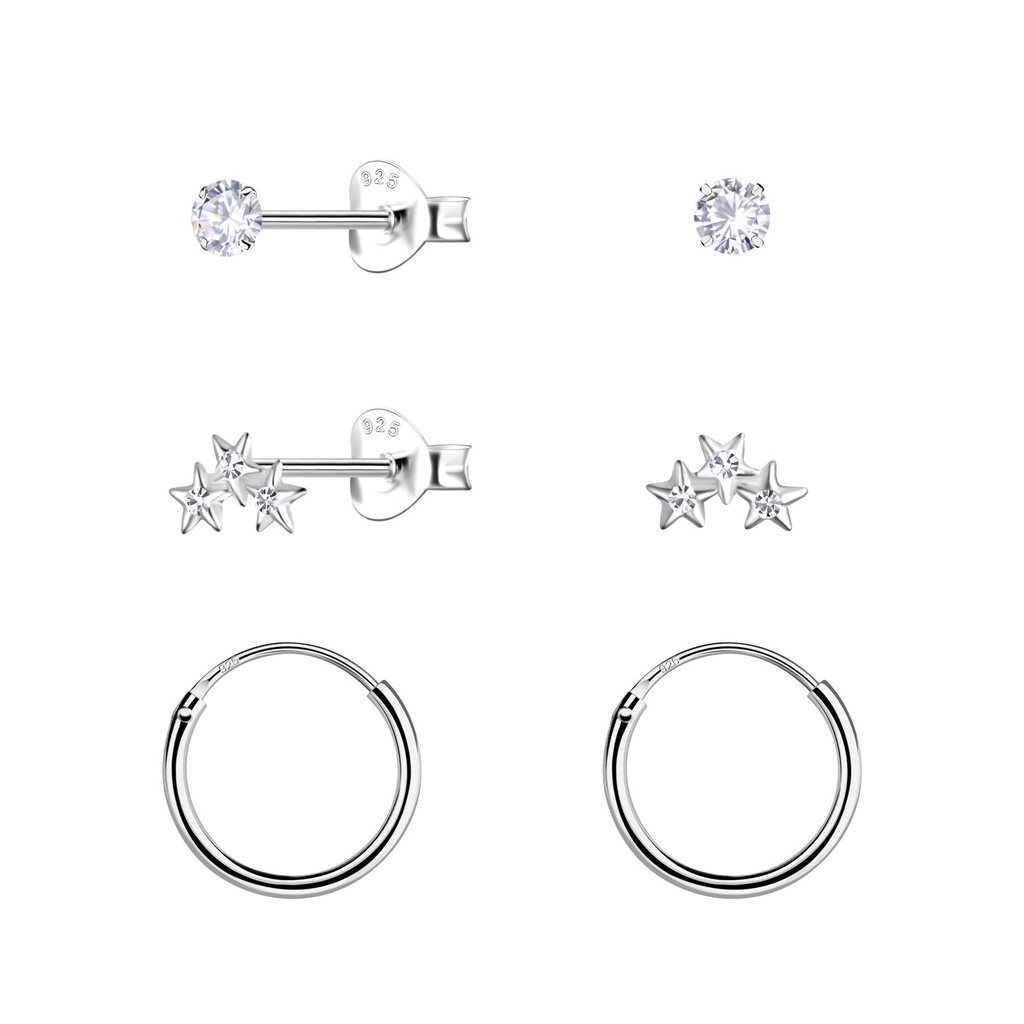 [10034523] Parure puces d'oreilles étoile triple et créoles en argent