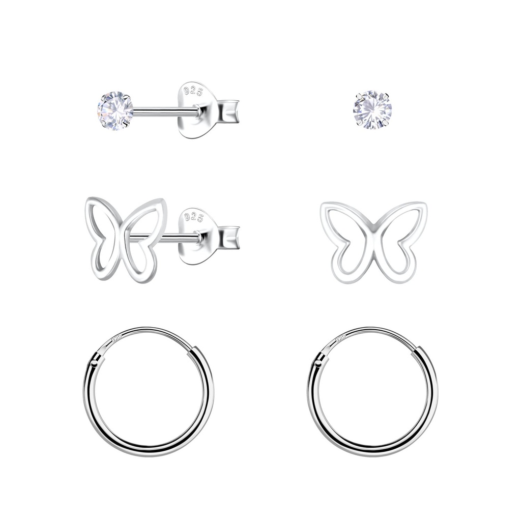[10034522] Silver Butterfly Stud and Hoop Earrings Set